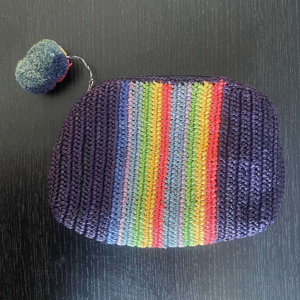 Mar Y Sol Natural Woven Raffia Rainbow Stripes Clutch Pom Pom Zipper